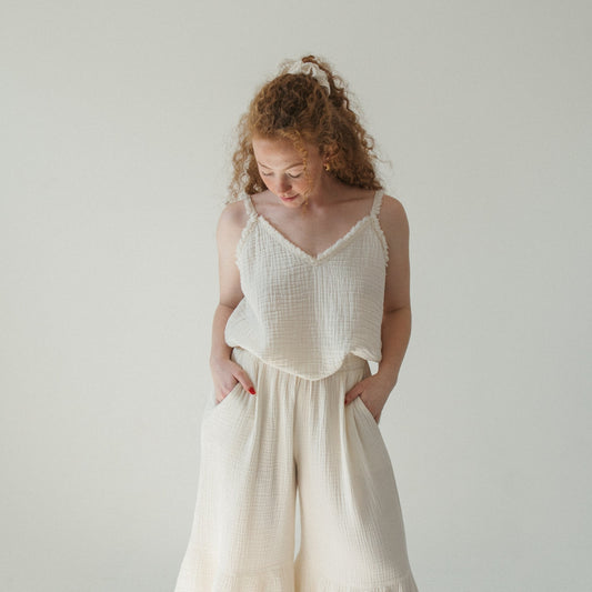 Cream Crinkle Cotton Strappy Top - One-Sized