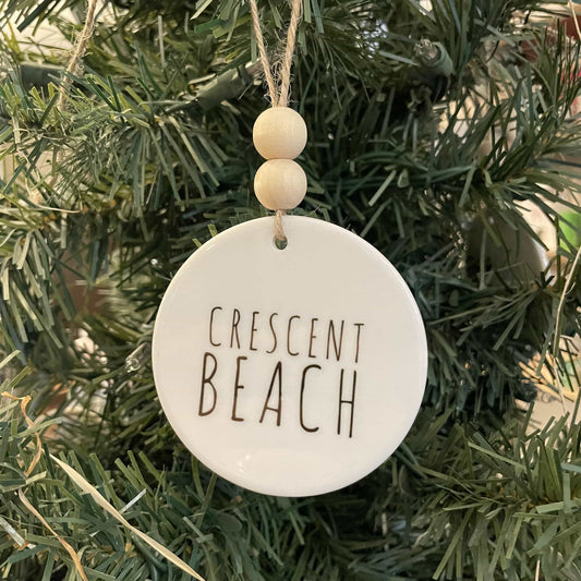 Crescent Beach Ceramic Ornament with Wood Beads