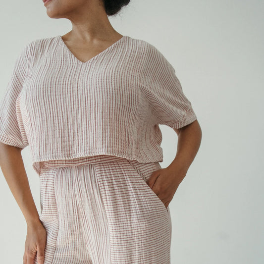 Crinkle Cotton Crop Top - Red Striped