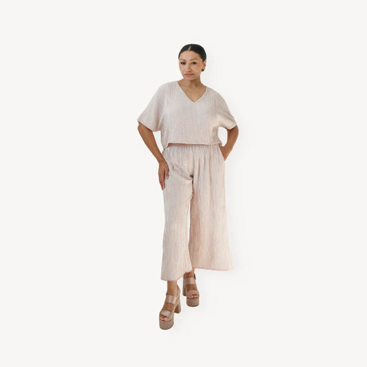 Crinkle Cotton Palazzo Pants - Red Striped