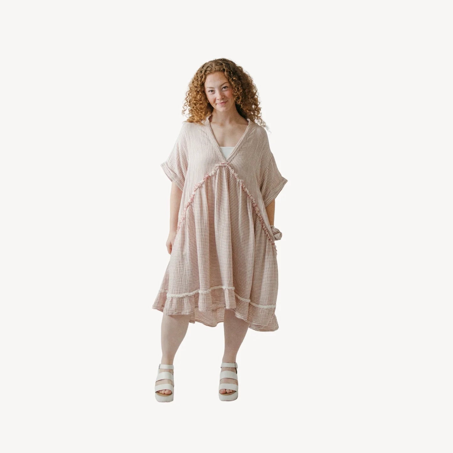Crinkle Ruffled V Dress - Red Striped