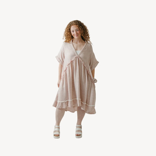 Crinkle Ruffled V Dress - Red Striped