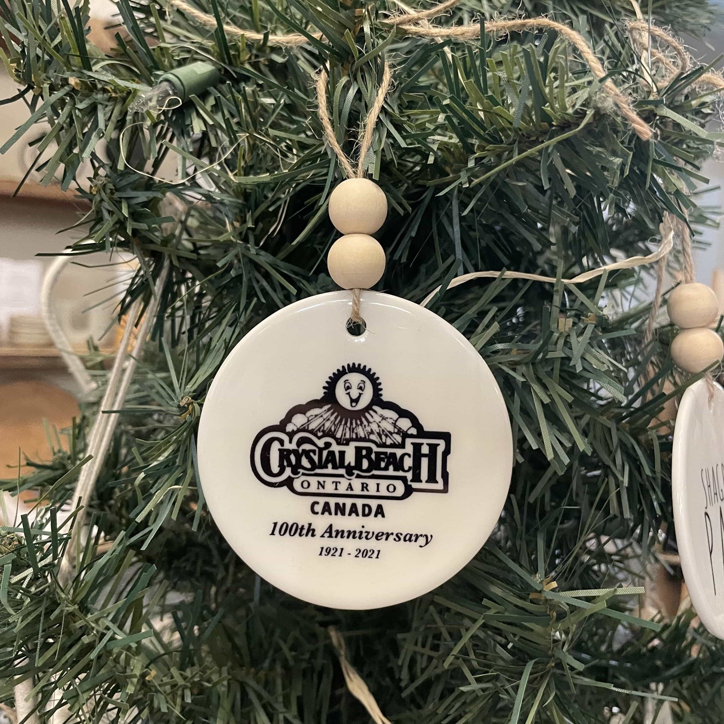 Crystal Beach 100 year Ceramic Ornament with Wood Beads