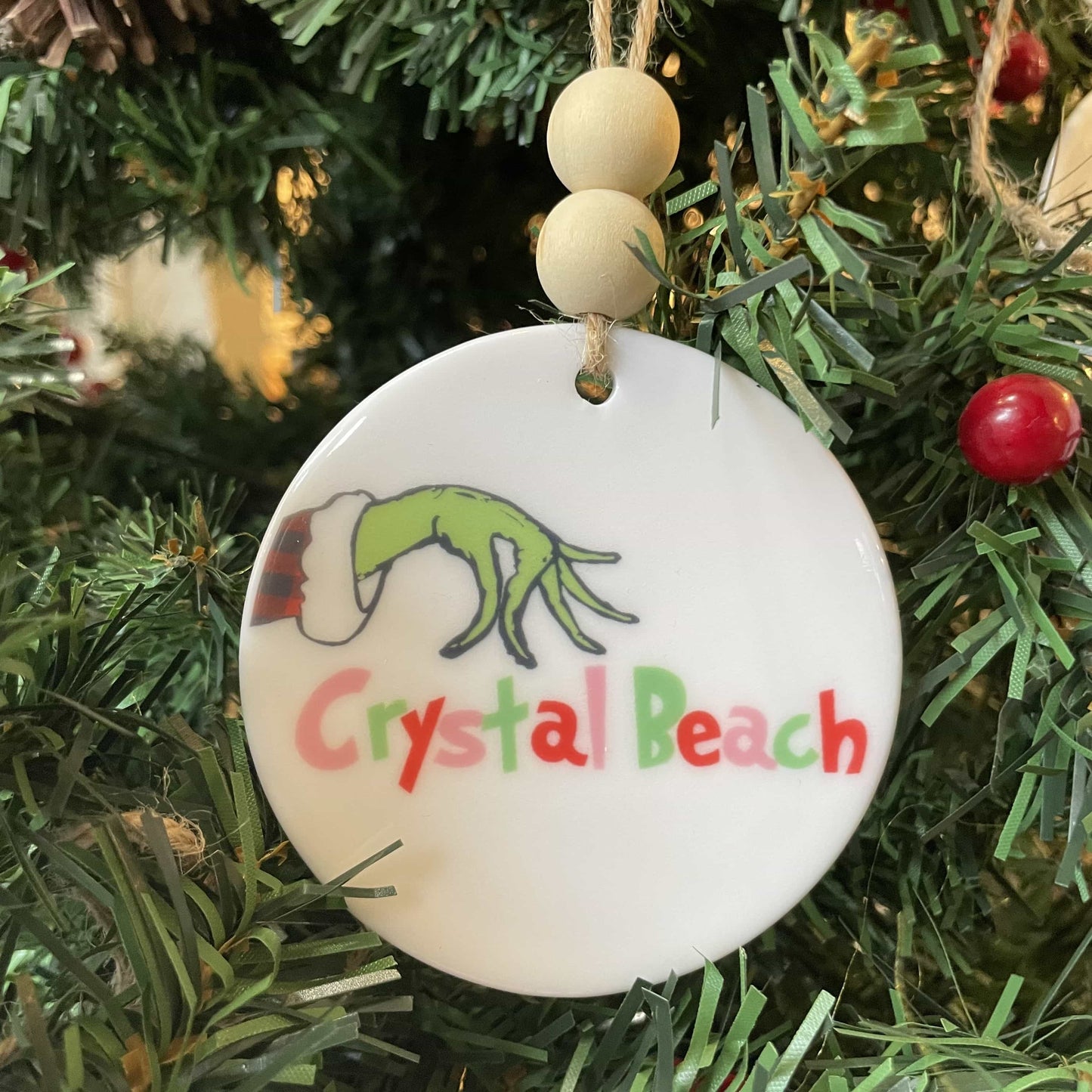 Crystal Beach Grinch Pinch Ceramic Ornament with Wood Beads