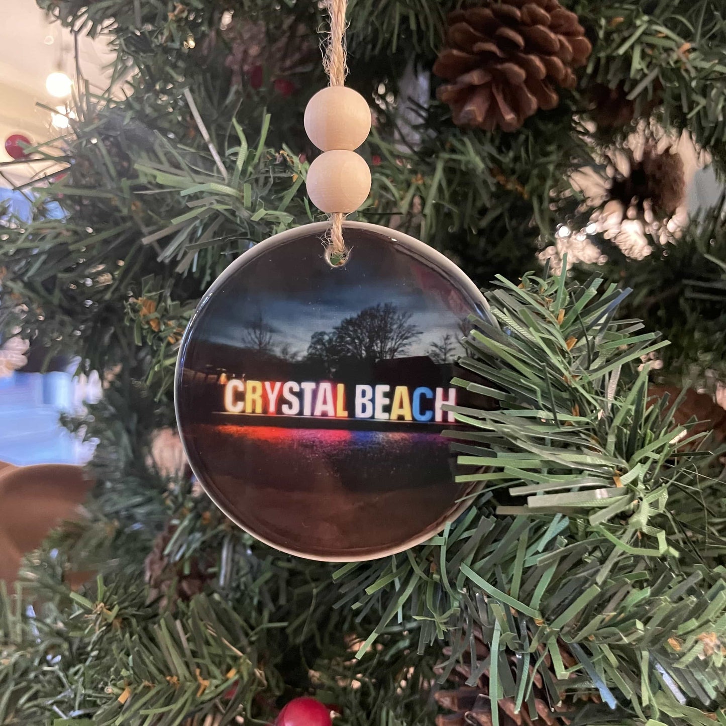 Crystal Beach Sign Ceramic Ornament with Wood Beads