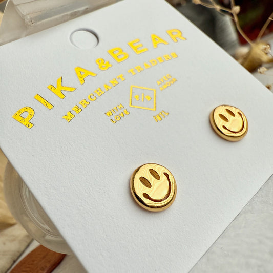 Don't Worry, Be Happy - Happy Face Stud Earrings - Gold