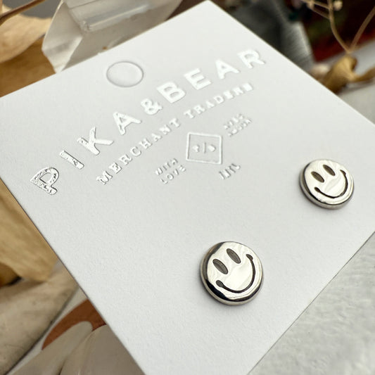 Don't Worry, Be Happy - Happy Face Stud Earrings - Silver