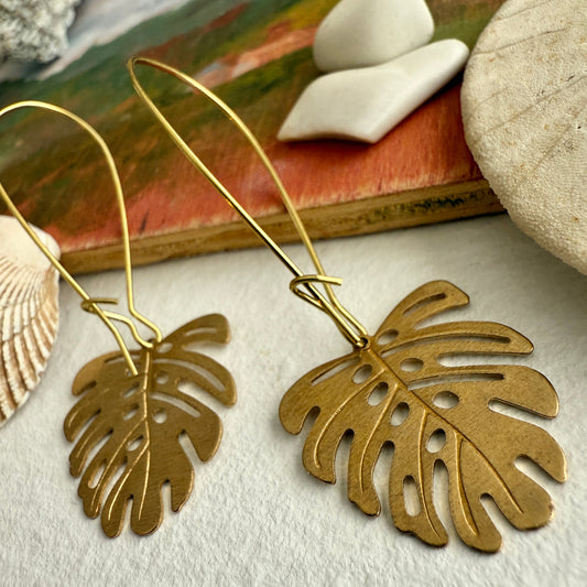 Khasi Brass Monstera Leaf on Raw Brass Kidney Wire