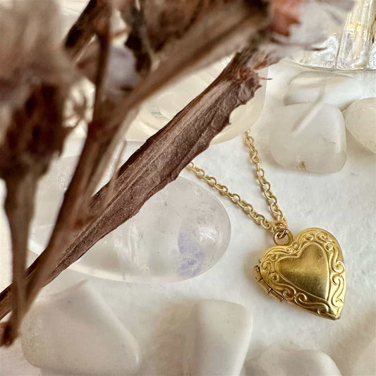 Elizabeth Vintage Heart Shaped Locket Charm Necklace in Raw Brass