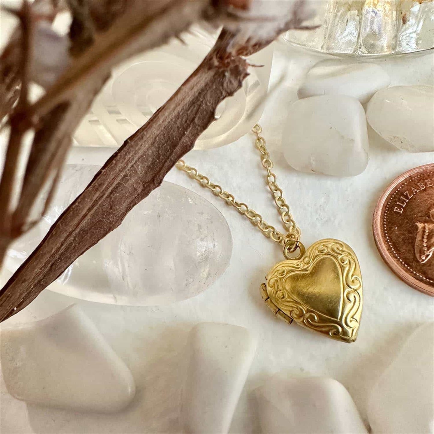 Elizabeth Vintage Heart Shaped Locket Charm Necklace in Raw Brass