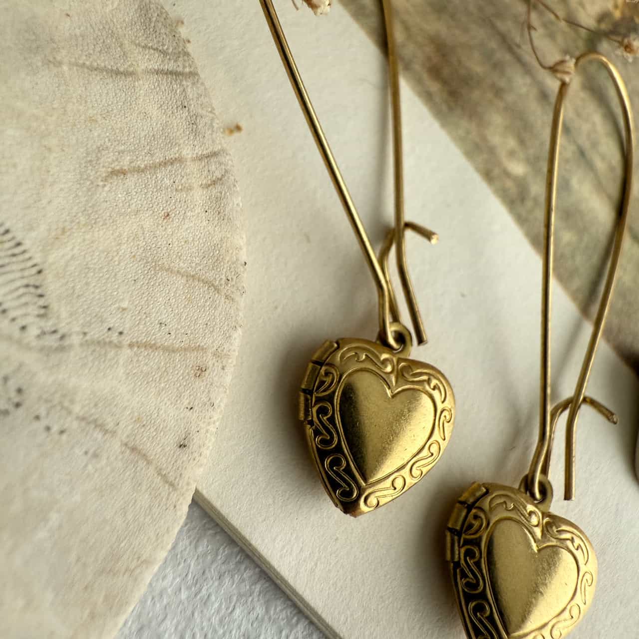 Elizabeth Vintage Heart Shaped Locket Drop Earrings in Raw Brass