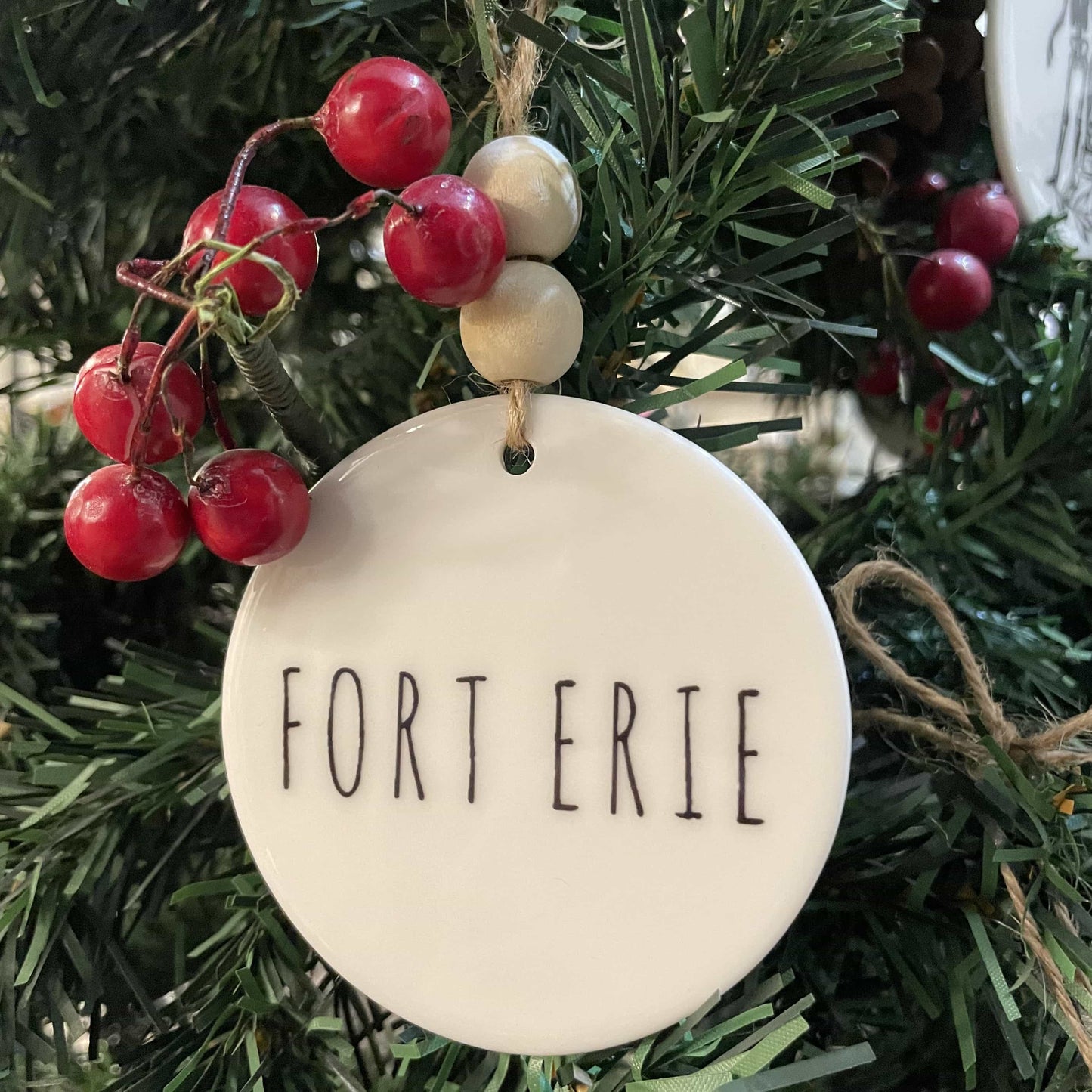 Fort Erie Ceramic Ornament with Wood Beads