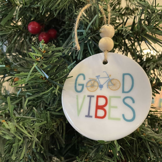 Good Vibes Ceramic Ornament with Wood Beads