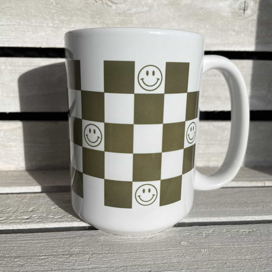 Green Checkers and Happy Faces Mug