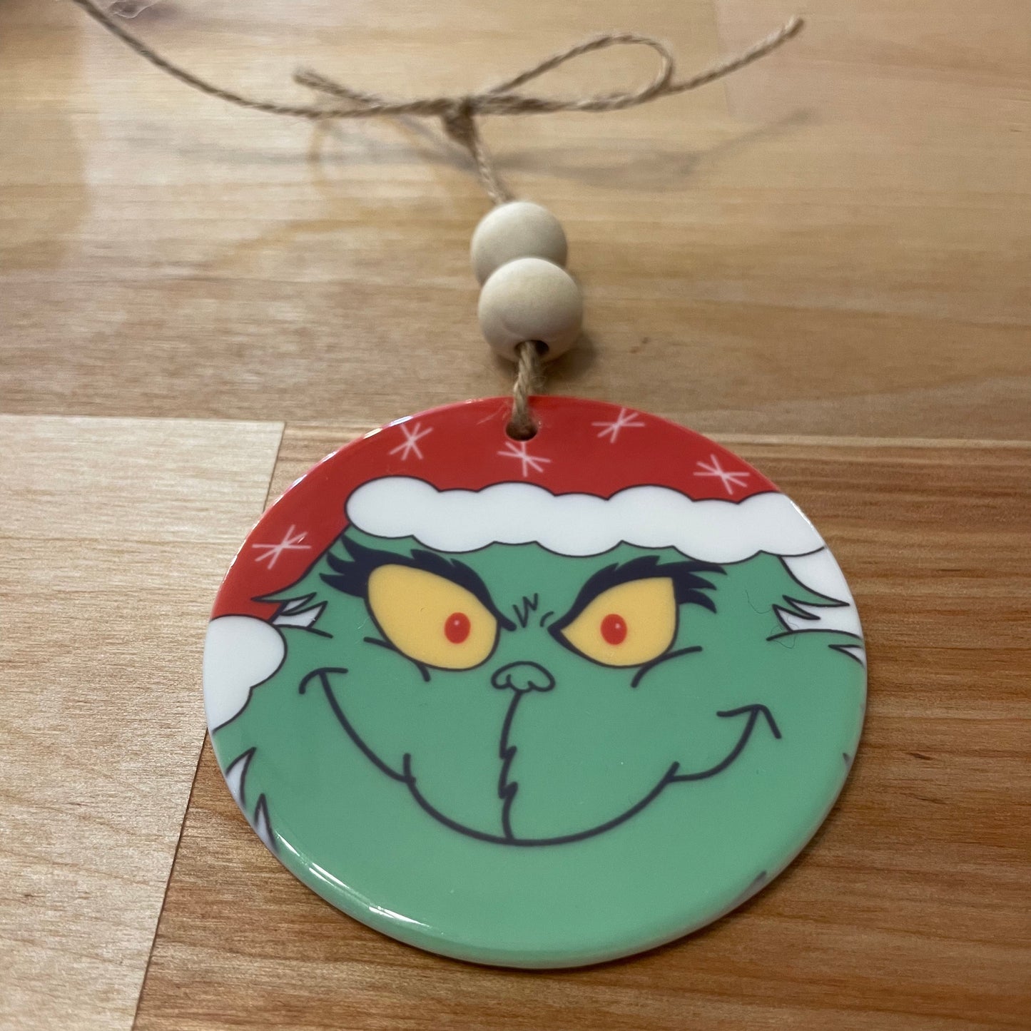 Grinch Head Ceramic Ornament with Wood Beads