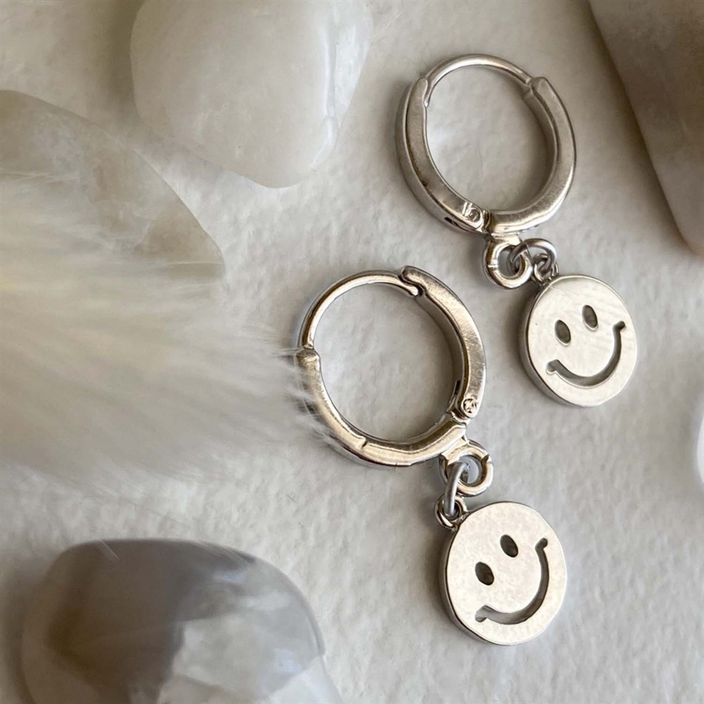 Have A Nice Day Smiley Face Hugger Hoop Earrings in Silver