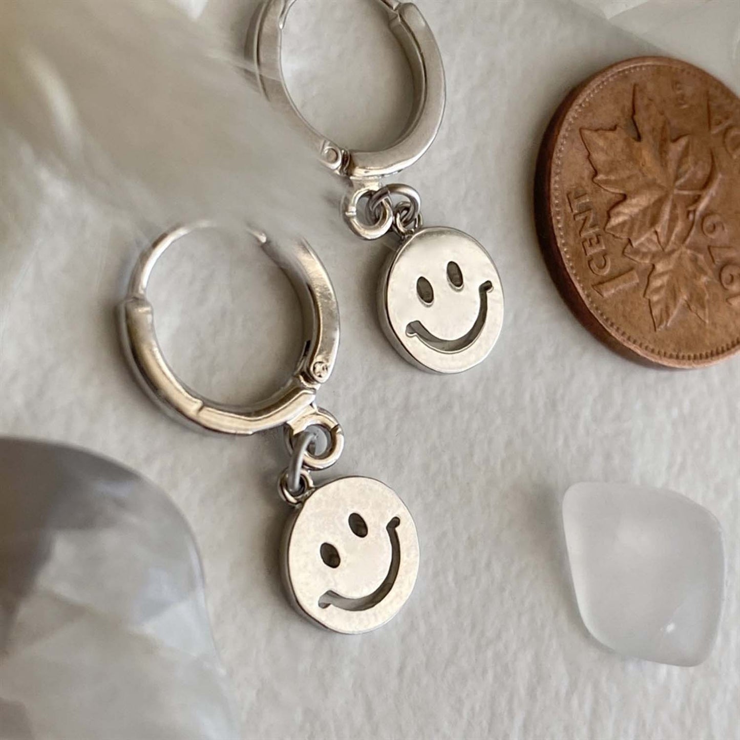 Have A Nice Day Smiley Face Hugger Hoop Earrings in Silver