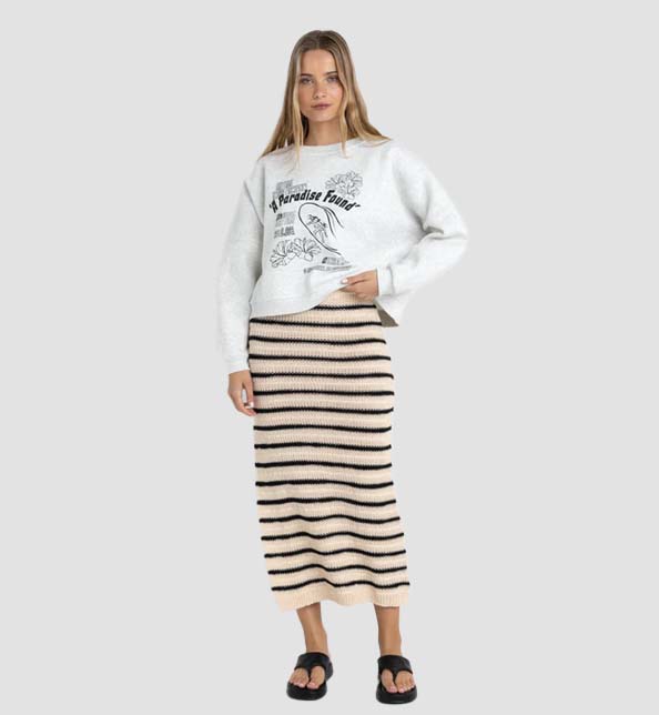 Highline Stripe Knit Midi Skirt in Vintage White