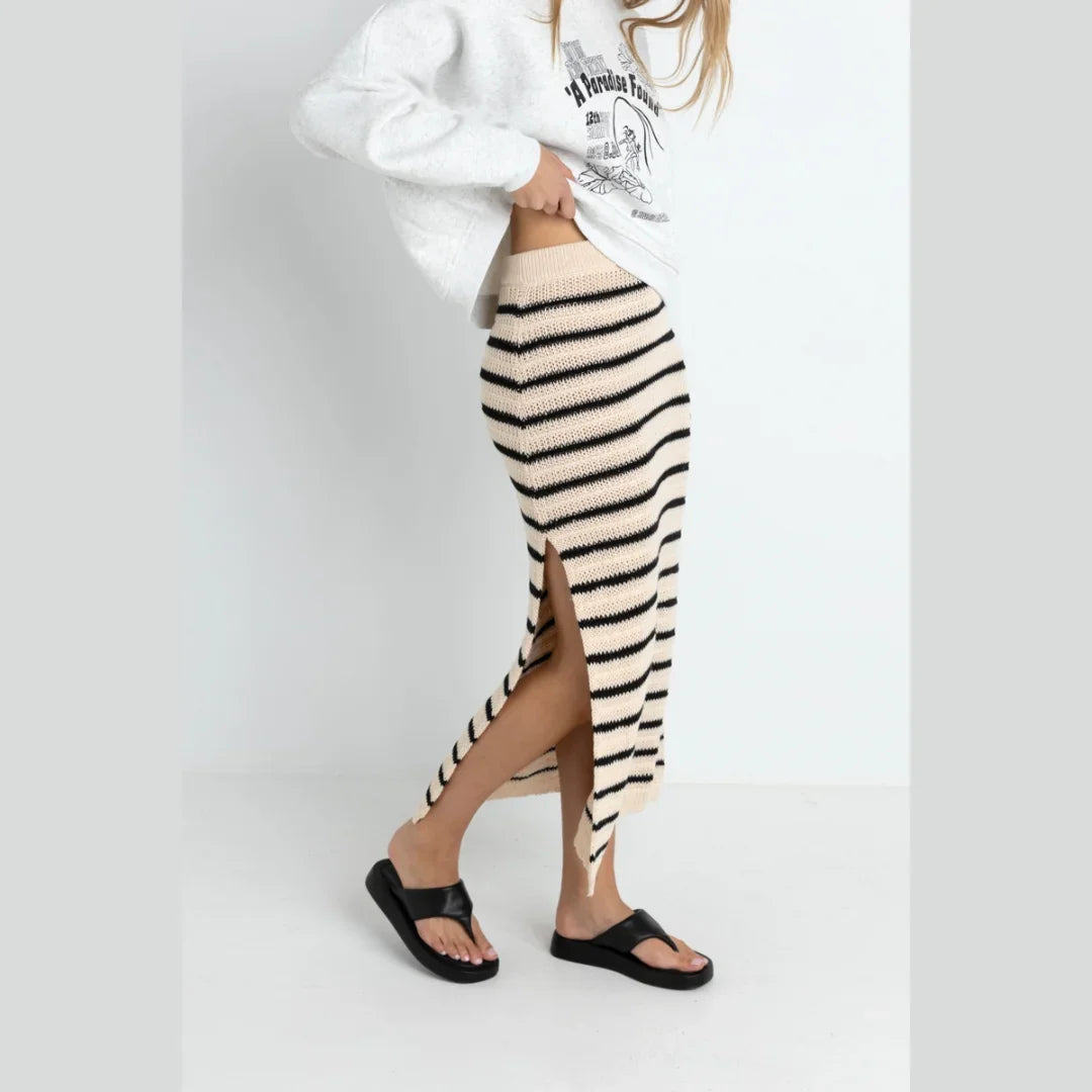Highline Stripe Knit Midi Skirt in Vintage White