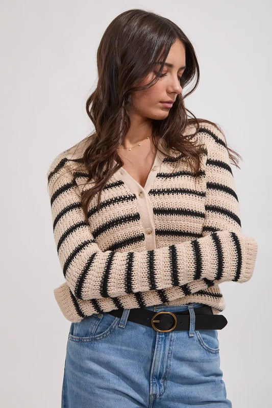 Highline Stripe Long Sleeve Knit Top - Vintage White