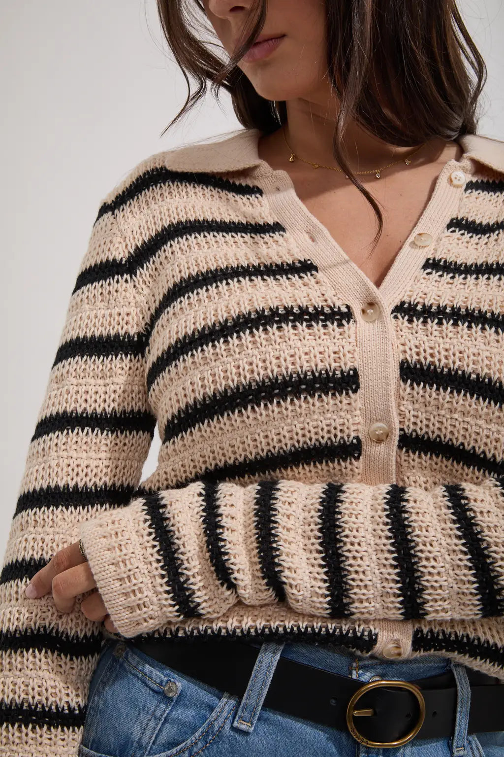 Highline Stripe Long Sleeve Knit Top - Vintage White