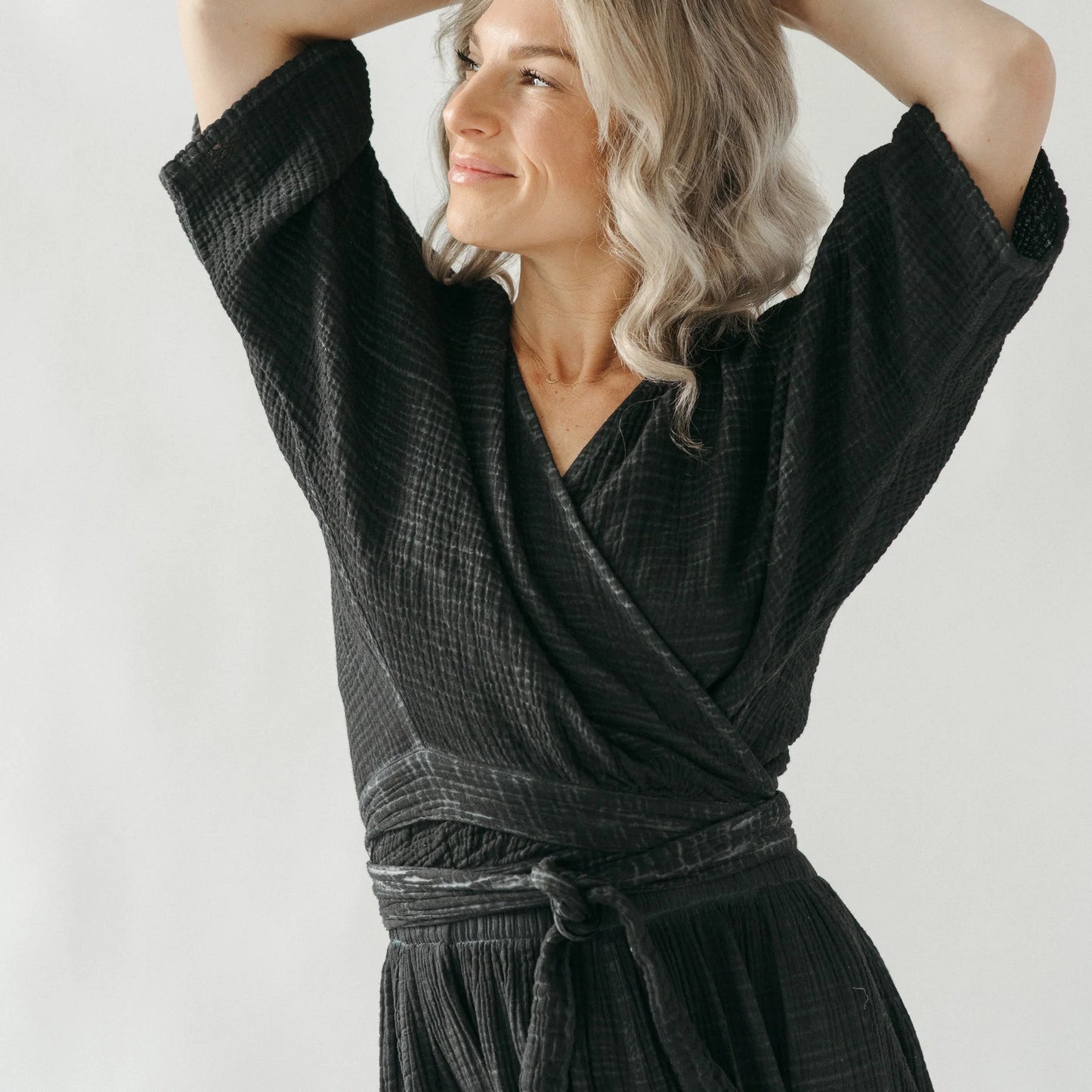 Crinkle Balloon Sleeve Top - One- Sized - Black