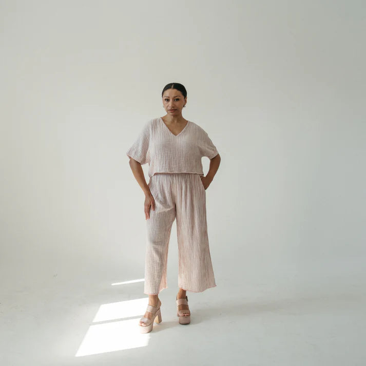 Crinkle Cotton Palazzo Pants - Red Striped