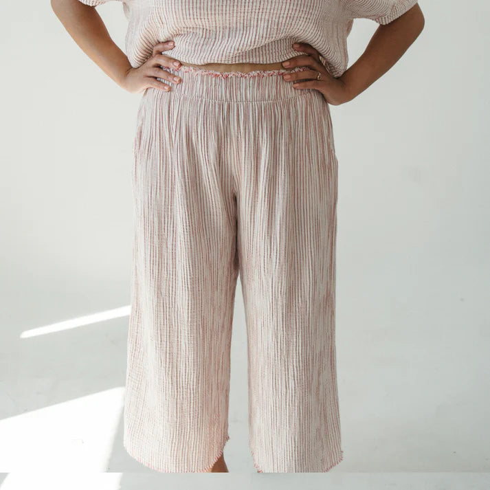 Crinkle Cotton Palazzo Pants - Red Striped
