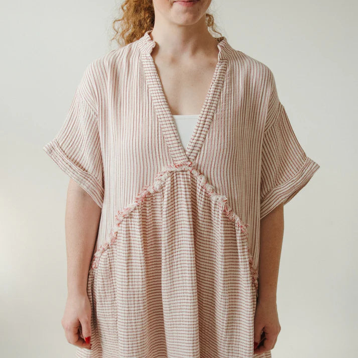 Crinkle Ruffled V Dress - Red Striped