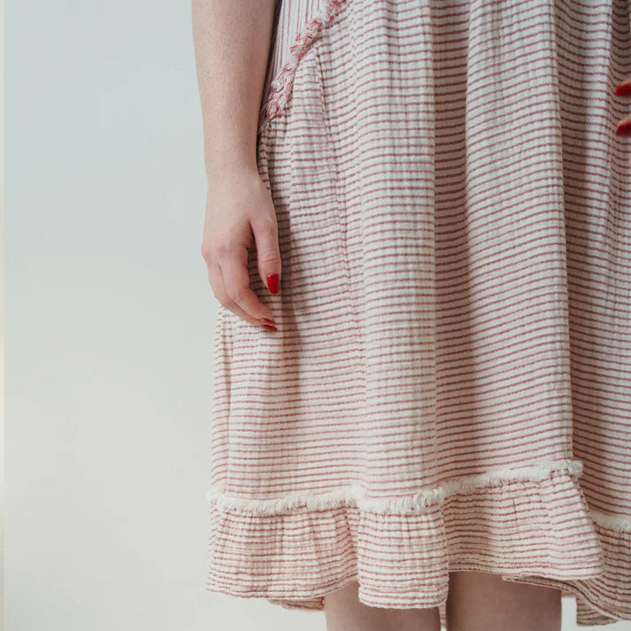 Crinkle Ruffled V Dress - Red Striped
