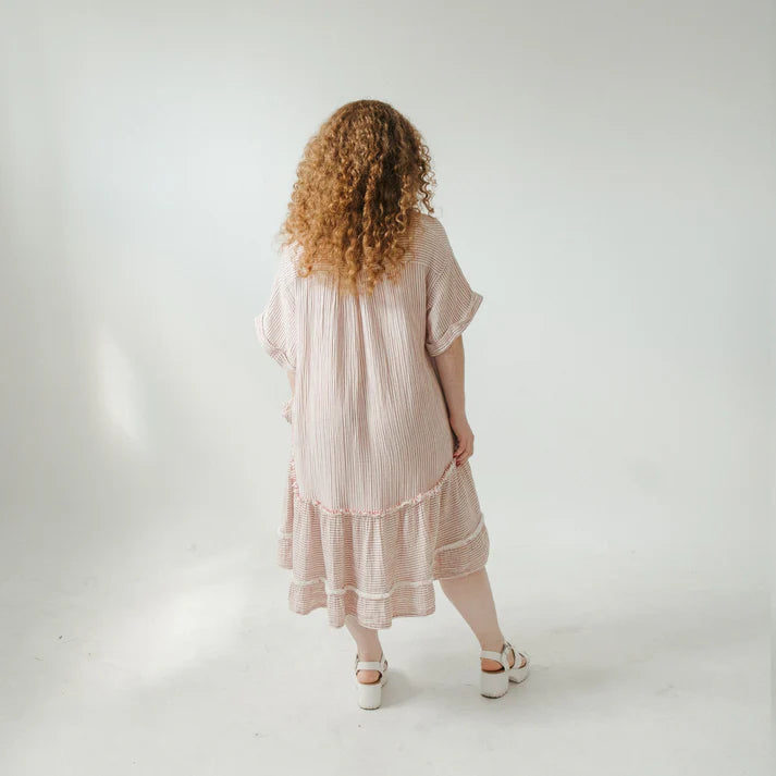 Crinkle Ruffled V Dress - Red Striped