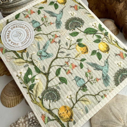 Jacobean Hummingbird & Flower Design Swedish Dishcloth