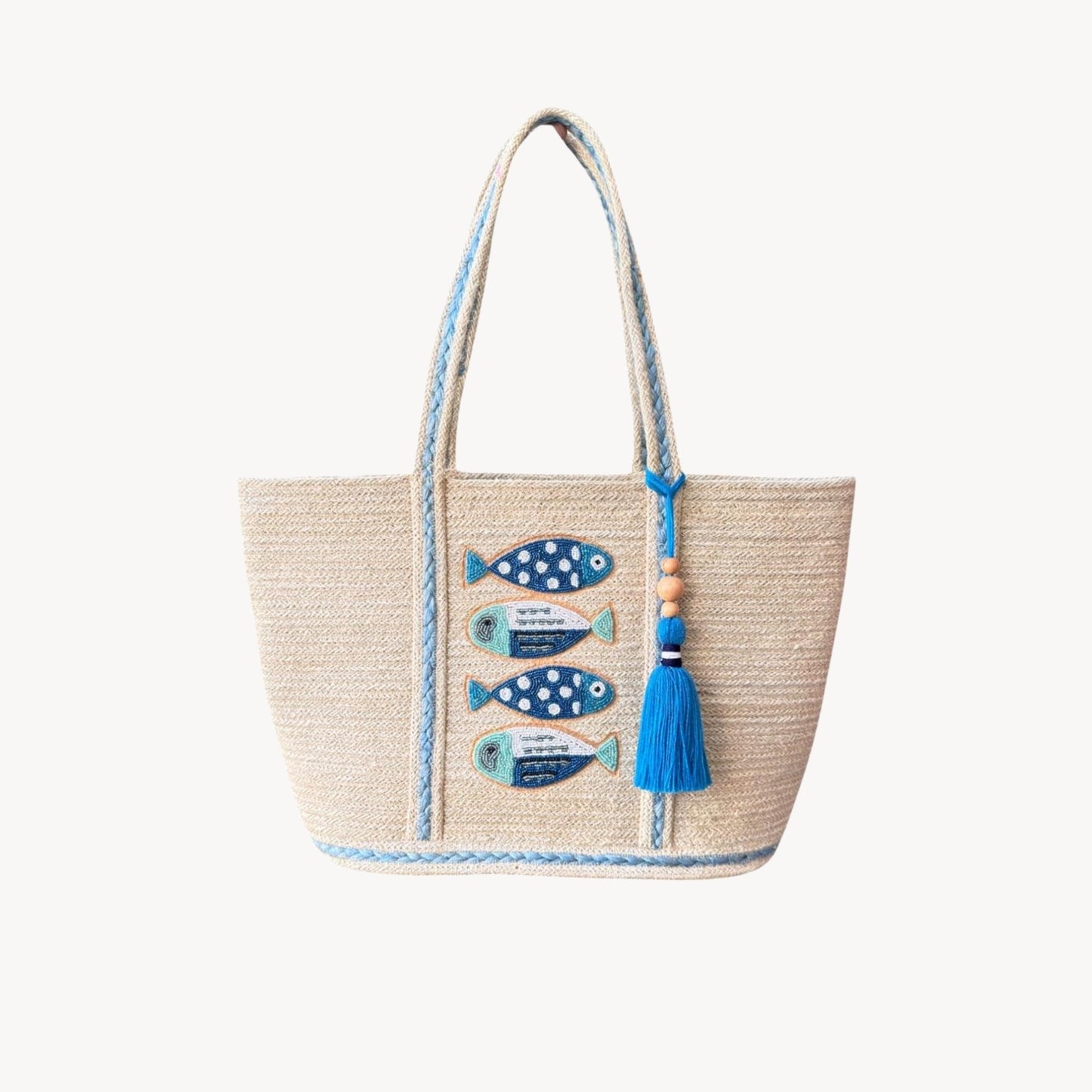 Jute Bag - Beaded Fish with Tassel - Blue