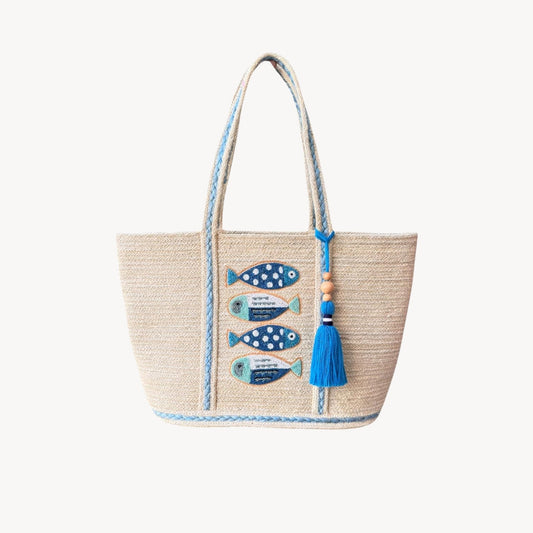 Jute Bag - Beaded Fish with Tassel - Blue