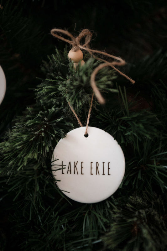 Lake Erie Ceramic Ornament with Wood Beads