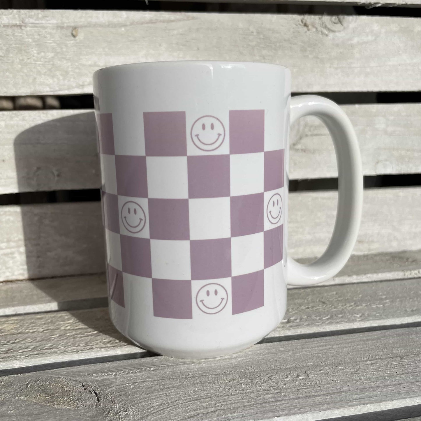 Lilac Checkers and Happy Faces Mug