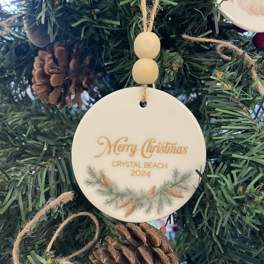 Merry Christmas Crystal Beach Ceramic Ornament with Wood Beads