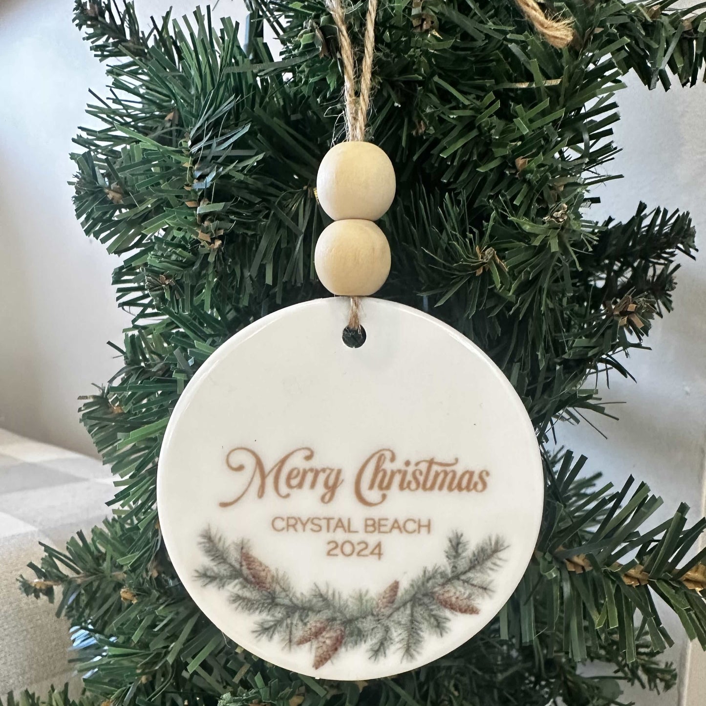 Merry Christmas Crystal Beach Ceramic Ornament with Wood Beads