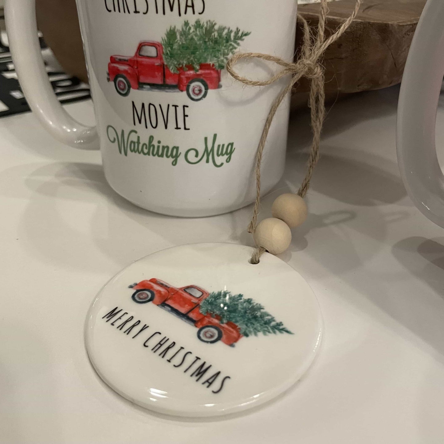 Merry Christmas truck + Tree Ceramic Ornament with Wood Beads