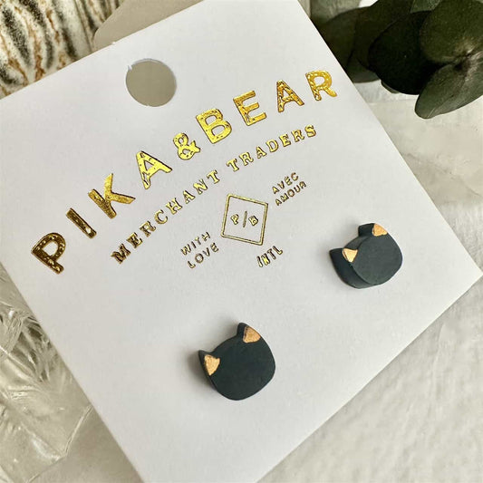 Mew Porcelain Cat Face Stud Earrings in Black