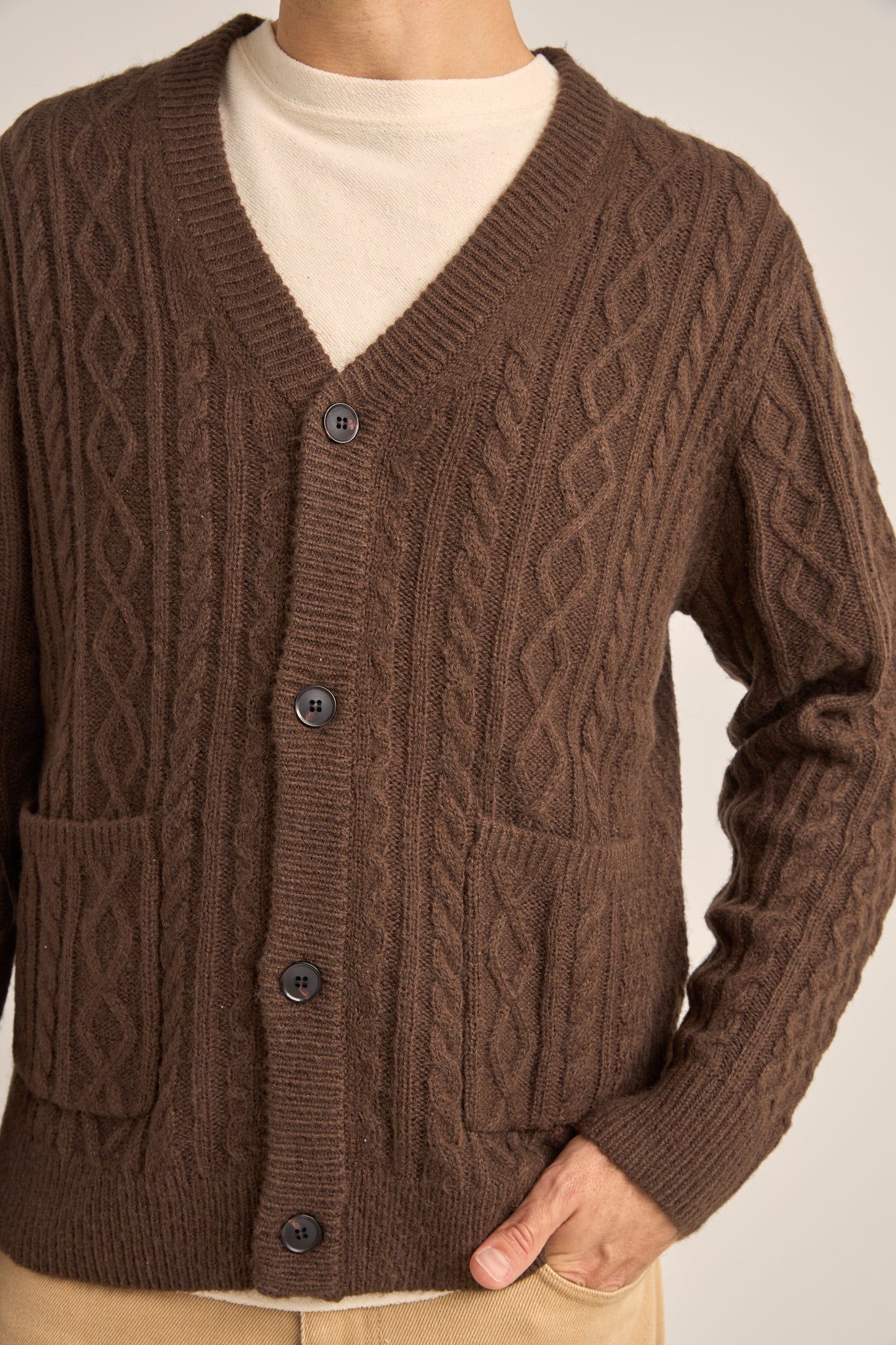 Mohair Cable Knit Cardigan - Brown