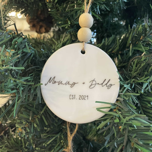 Mommy & Daddy Est. Ceramic Ornament with Wood Beads