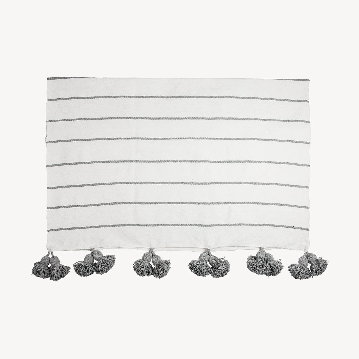 Monochrome Striped Moroccan Pom Pom Blanket - Light Grey