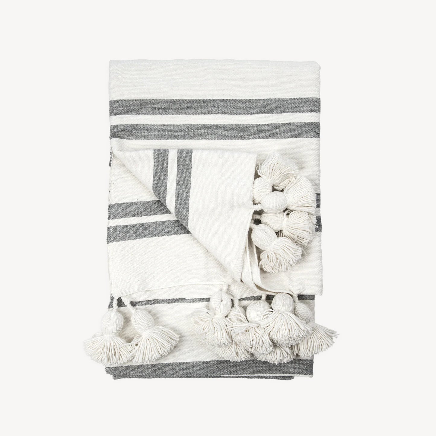 Monochrome Striped Moroccan Pom Pom Blanket - Racer White