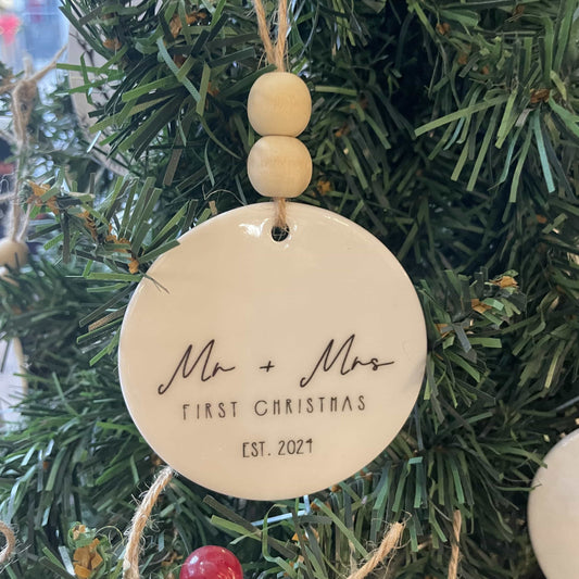 Mr & Mrs First Christmas Ceramic Ornament with Wood Beads