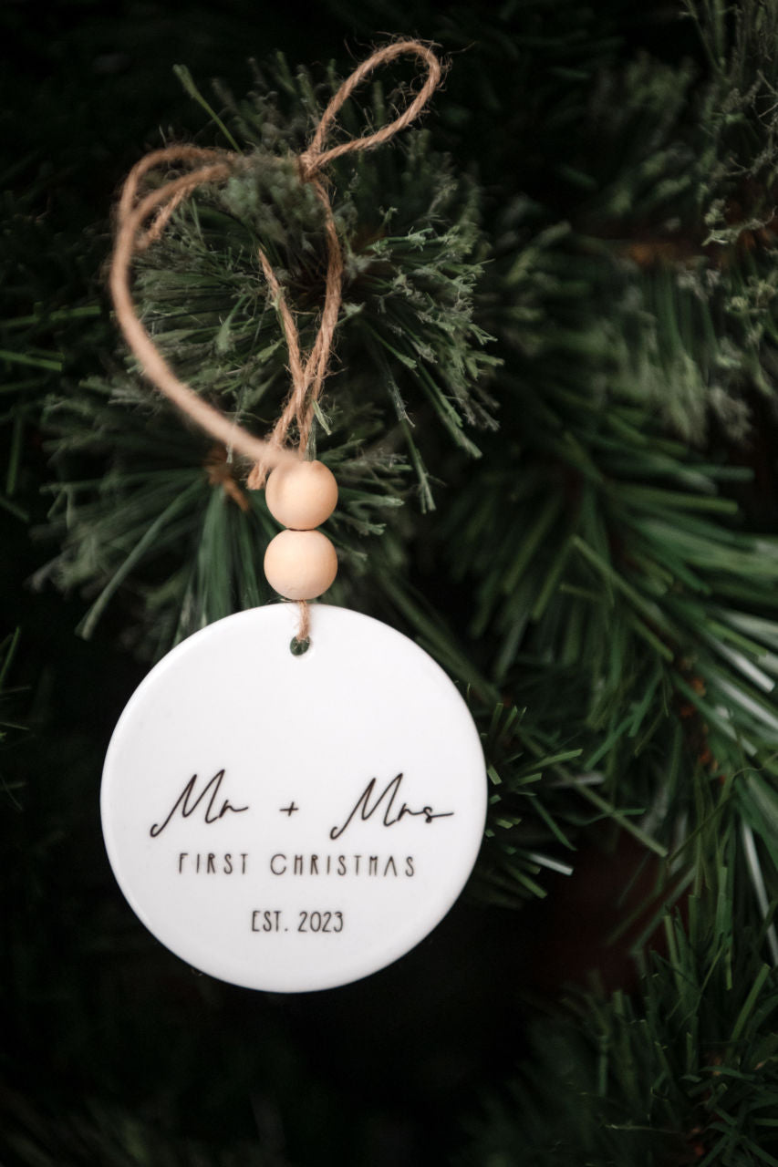 Mr & Mrs First Christmas Ceramic Ornament with Wood Beads