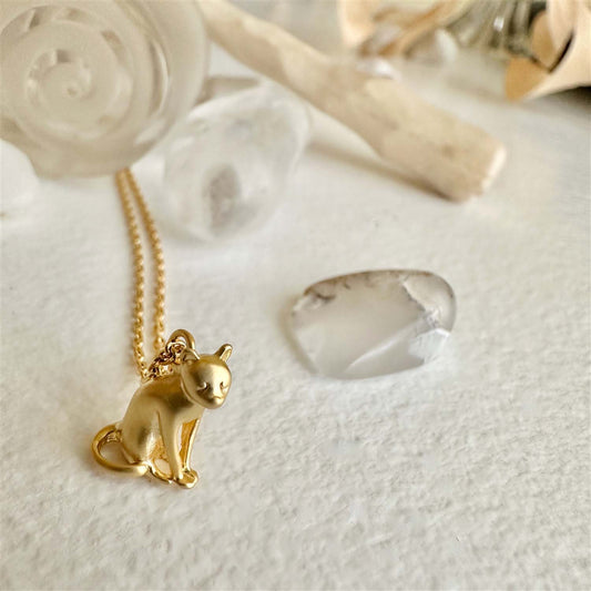 Pensive The Thinking Cat Charm Necklace in Gold