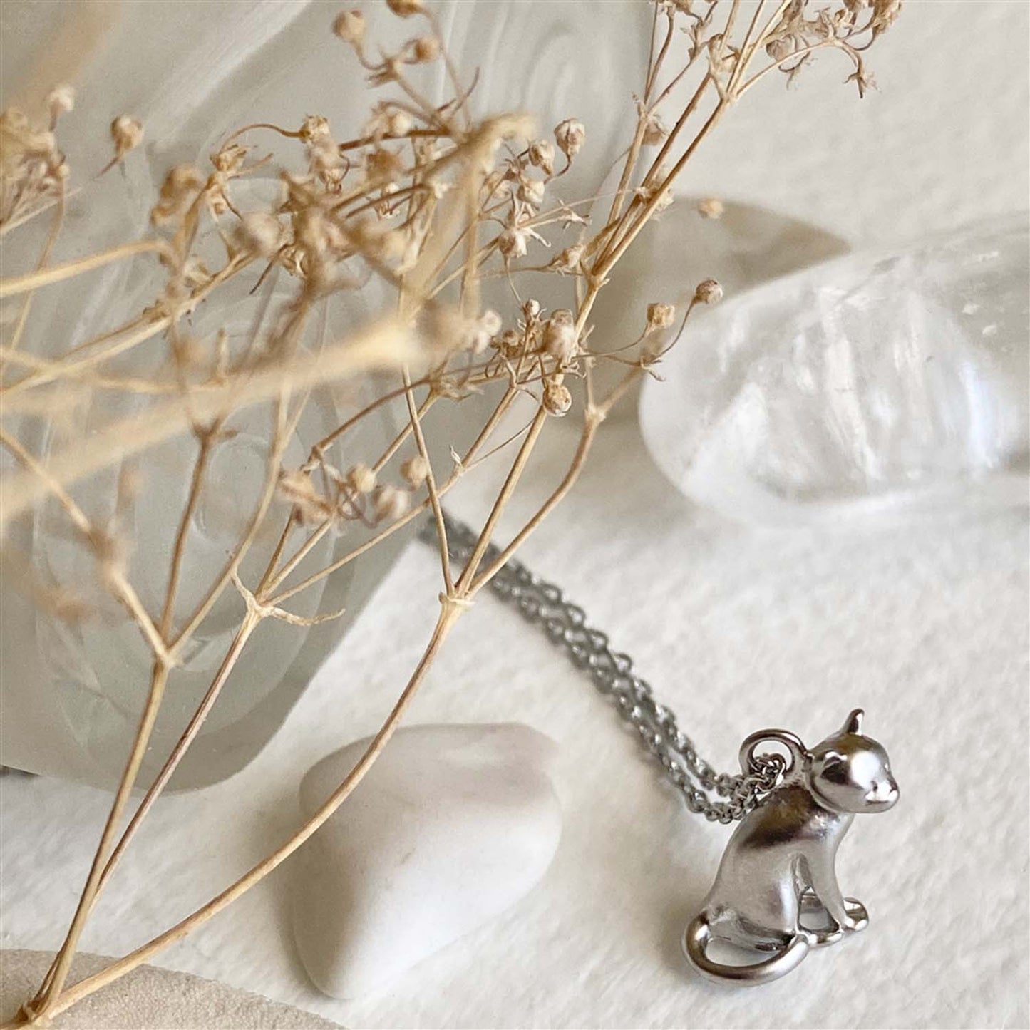 Pensive The Thinking Cat Charm Necklace in Silver