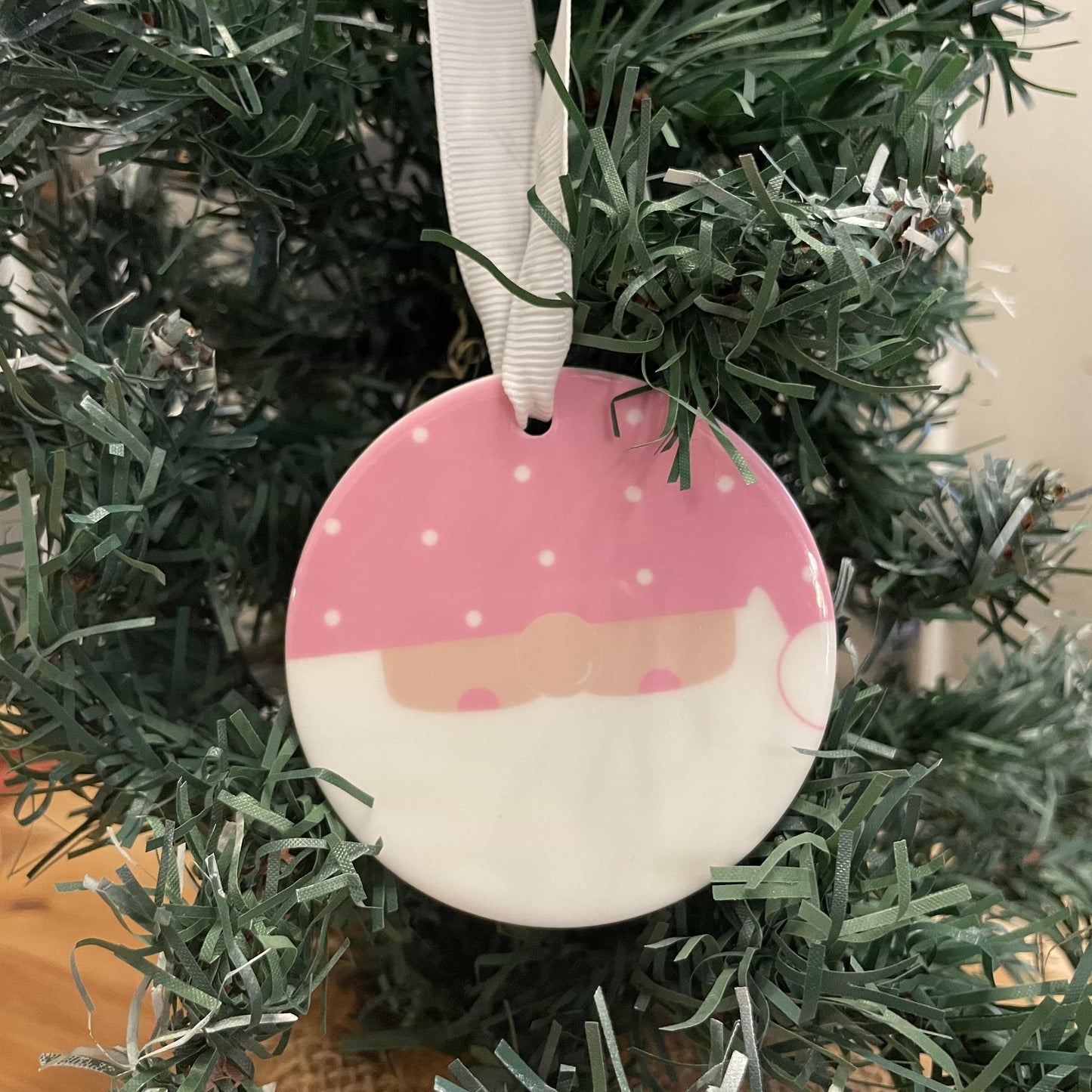 Pink Gnome Face Ceramic Ornament with Ribbon