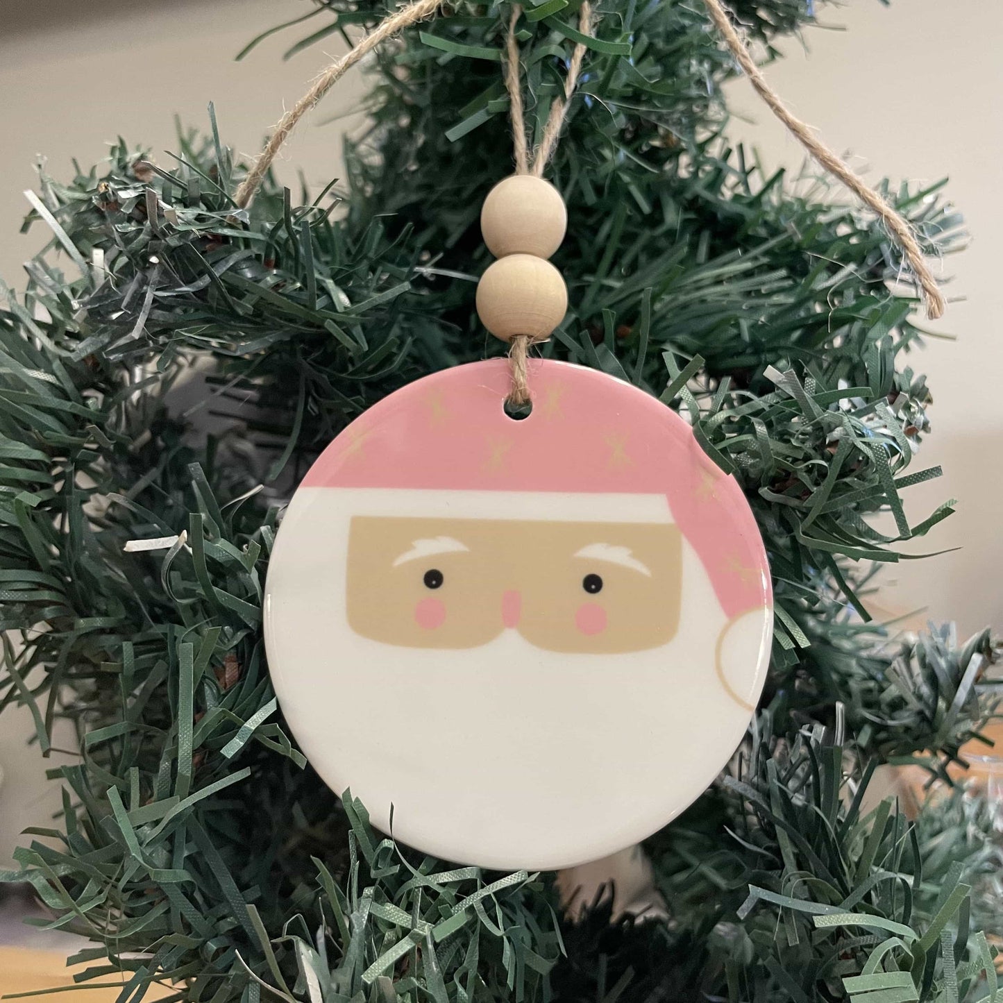 Pink Santa's Face Ceramic Ornament with Wood Beads